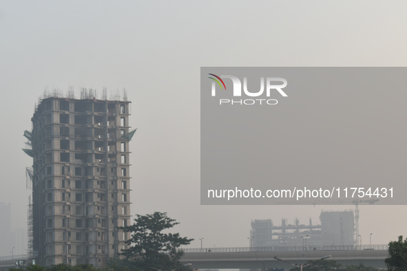 High-rise buildings are pictured on a polluted, smoggy morning in Kolkata, India, on November 8, 2024. 