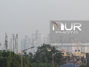 High-rise buildings are pictured on a polluted, smoggy morning in Kolkata, India, on November 8, 2024. (