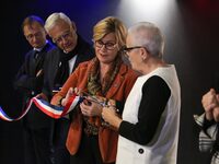 French Delegate Minister for Rural Affairs, Trade and Crafts Francoise Gatel (white jacket) and French Delegate Minister for Social and Soli...