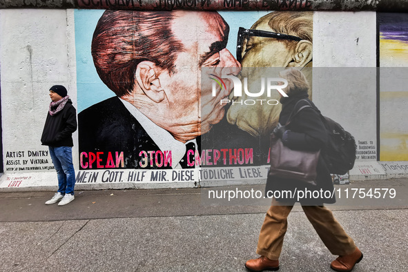 Iconic 'Kiss' mural at East Side Gallery a day ahead of the 35th anniversary of the fall of the Berlin Wall. Berlin, Germany on November 8th...