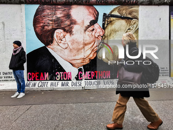 Iconic 'Kiss' mural at East Side Gallery a day ahead of the 35th anniversary of the fall of the Berlin Wall. Berlin, Germany on November 8th...