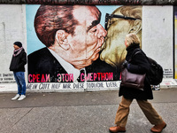 Iconic 'Kiss' mural at East Side Gallery a day ahead of the 35th anniversary of the fall of the Berlin Wall. Berlin, Germany on November 8th...