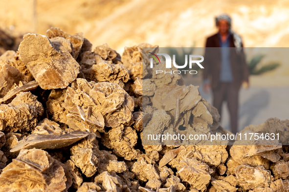 Rose of Desert stones are seen on a stand in Djebel el Negueb  mountains in Chebika Oasis in central Tunisia on October30, 2024. 