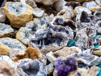 Mineral stones are seen on a stand in Djebel el Negueb  mountains in Chebika Oasis in central Tunisia on October30, 2024. (