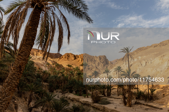 A view on Djebel el Negueb  mountain in Chebika Oasis in central Tunisia on October30, 2024. 