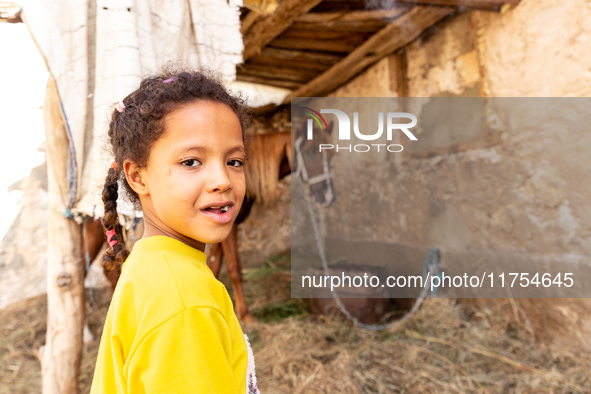 A bedouin girl stands by her horse in Tozeur in central Tunisia on October 28, 2024. 