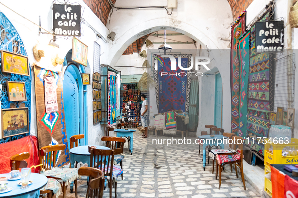 A colourful coffee shop is seen in an Old Town of Soussa, Tunisia on November 2, 2024. 