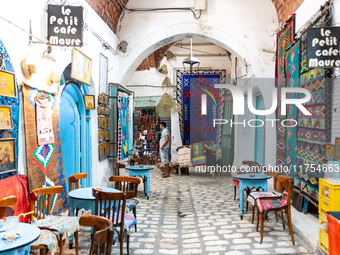 A colourful coffee shop is seen in an Old Town of Soussa, Tunisia on November 2, 2024. (