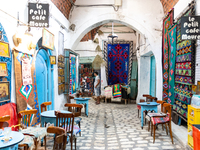 A colourful coffee shop is seen in an Old Town of Soussa, Tunisia on November 2, 2024. (