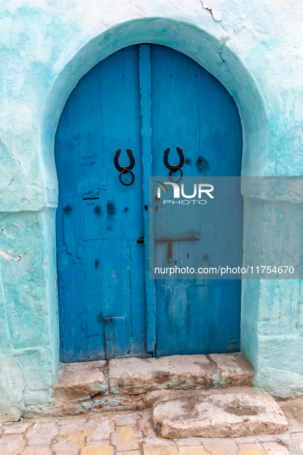 Tupical residential home door in an Old Town of Kairouan in central Tunisia on October30, 2024. 