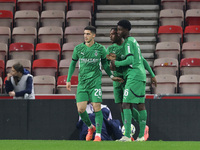 Borussia Monchengladbach's Charles Herrmann celebrates with Grant Ranos and Dillon Berko after scoring their first goal during the Premier L...