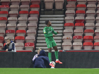 Charles Herrmann of Borussia Monchengladbach celebrates after scoring their first goal during the Premier League International Cup match bet...