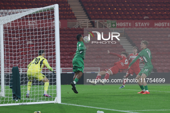 Joshua Uwakhonye of Borussia Monchengladbach blocks an attempt on goal from Ajay Matthews of Middlesbrough during the Premier League Interna...