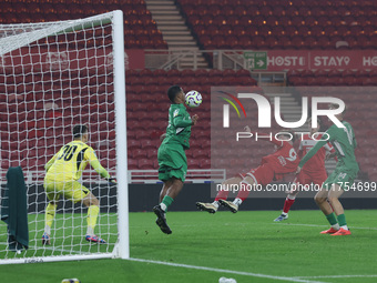 Joshua Uwakhonye of Borussia Monchengladbach blocks an attempt on goal from Ajay Matthews of Middlesbrough during the Premier League Interna...