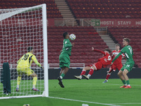 Joshua Uwakhonye of Borussia Monchengladbach blocks an attempt on goal from Ajay Matthews of Middlesbrough during the Premier League Interna...