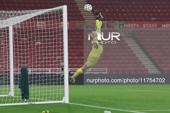 Borussia Monchengladbach's Maximillian Neutgens tips a shot over the bar during the Premier League International Cup match between Middlesbr...