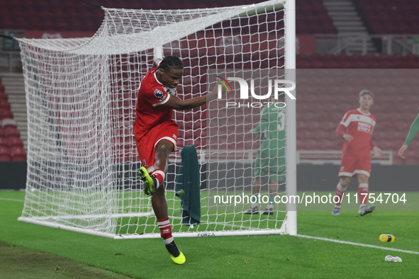 Hareem Bakre of Middlesbrough expresses his frustration on a water bottle during the Premier League International Cup match between Middlesb...