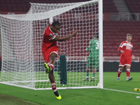 Hareem Bakre of Middlesbrough expresses his frustration on a water bottle during the Premier League International Cup match between Middlesb...