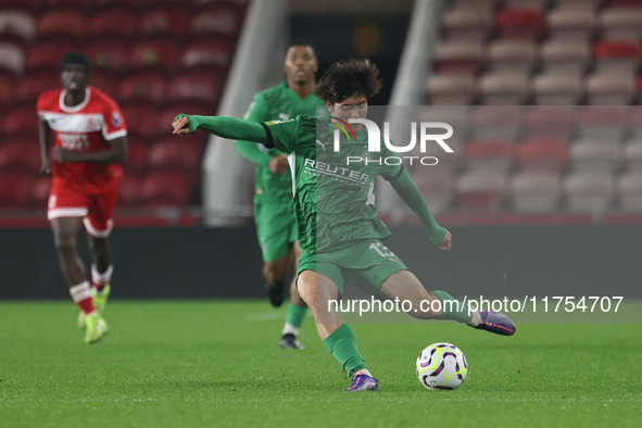 Shio Fukuda of Borussia Monchengladbach is in action during the Premier League International Cup match between Middlesbrough Under 21s and B...