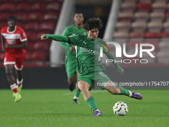 Shio Fukuda of Borussia Monchengladbach is in action during the Premier League International Cup match between Middlesbrough Under 21s and B...