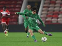 Shio Fukuda of Borussia Monchengladbach is in action during the Premier League International Cup match between Middlesbrough Under 21s and B...