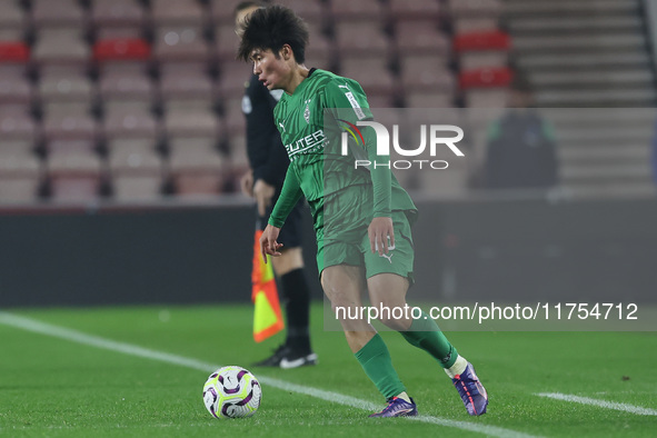 Shio Fukuda of Borussia Monchengladbach is in action during the Premier League International Cup match between Middlesbrough Under 21s and B...