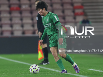 Shio Fukuda of Borussia Monchengladbach is in action during the Premier League International Cup match between Middlesbrough Under 21s and B...