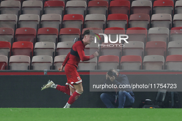 Ajay Matthews of Middlesbrough celebrates after scoring his second and the team's third goal during the Premier League International Cup mat...