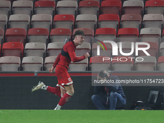 Ajay Matthews of Middlesbrough celebrates after scoring his second and the team's third goal during the Premier League International Cup mat...