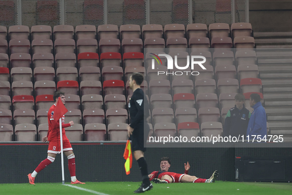 Ajay Matthews of Middlesbrough celebrates after scoring his second and the team's third goal during the Premier League International Cup mat...