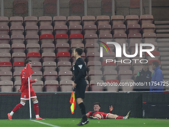 Ajay Matthews of Middlesbrough celebrates after scoring his second and the team's third goal during the Premier League International Cup mat...