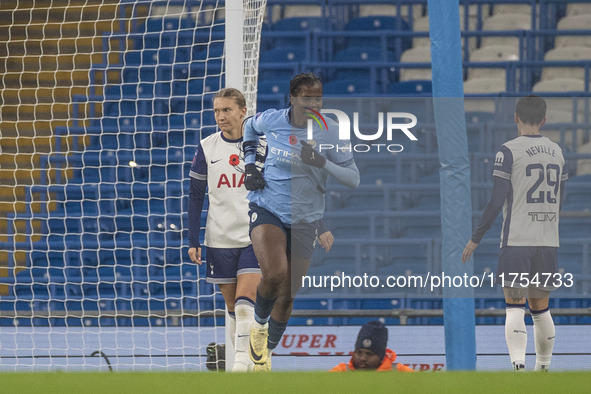 Khadija Shaw #21 of Manchester City W.F.C. celebrates her goal during the Barclays FA Women's Super League match between Manchester City and...