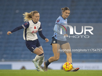 Kerstin Casparij #18 of Manchester City W.F.C. is in possession of the ball during the Barclays FA Women's Super League match between Manche...