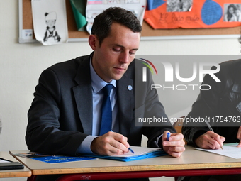 Alexandre Portier, Minister Delegate for Education, presents the O-Xygene project at the Asa Paulini College in Anse, Rhone, France, on Nove...