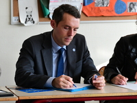 Alexandre Portier, Minister Delegate for Education, presents the O-Xygene project at the Asa Paulini College in Anse, Rhone, France, on Nove...