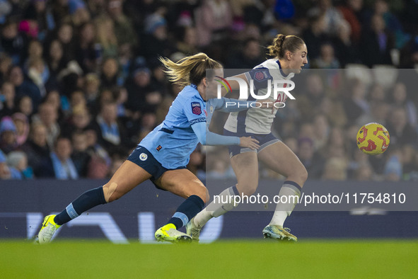 Lauren Hemp #11 of Manchester City W.F.C. challenges the opponent during the Barclays FA Women's Super League match between Manchester City...