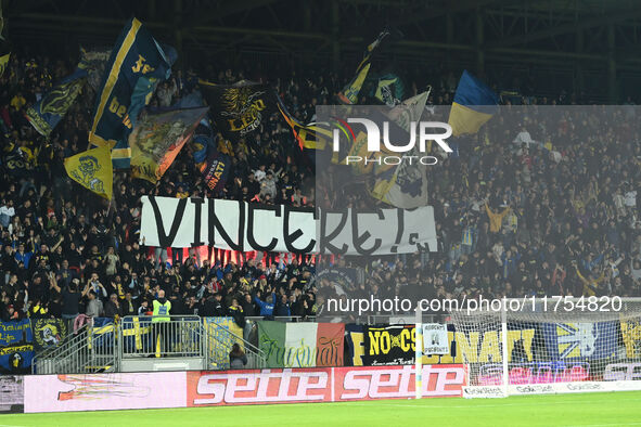 Supporters of Frosinone Calcio attend the 13th day of the Serie BKT Championship between Frosinone Calcio and Palermo F.C. at the Benito Sti...