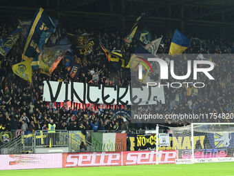 Supporters of Frosinone Calcio attend the 13th day of the Serie BKT Championship between Frosinone Calcio and Palermo F.C. at the Benito Sti...