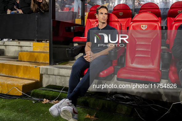 Inigo Perez, head coach of Rayo Vallecano, sits on the bench during the La Liga EA Sports 2024/25 football match between Rayo Vallecano and...