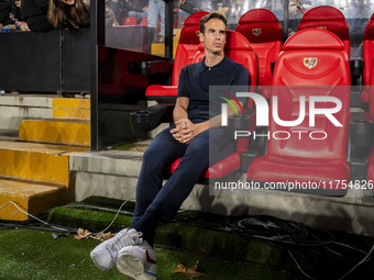 Inigo Perez, head coach of Rayo Vallecano, sits on the bench during the La Liga EA Sports 2024/25 football match between Rayo Vallecano and...