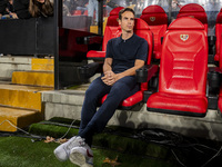 Inigo Perez, head coach of Rayo Vallecano, sits on the bench during the La Liga EA Sports 2024/25 football match between Rayo Vallecano and...