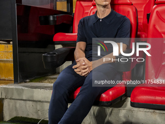 Inigo Perez, head coach of Rayo Vallecano, sits on the bench during the La Liga EA Sports 2024/25 football match between Rayo Vallecano and...