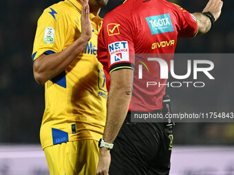 Riccardo Marchizza of Frosinone Calcio and Referee Matteo Marchetti are present during the 13th day of the Serie BKT Championship between Fr...