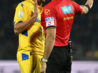 Riccardo Marchizza of Frosinone Calcio and Referee Matteo Marchetti are present during the 13th day of the Serie BKT Championship between Fr...