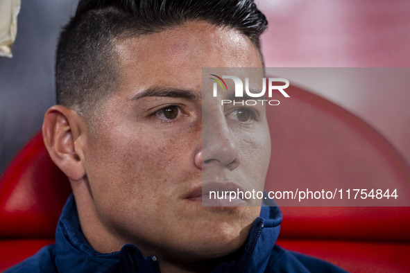 James Rodriguez of Rayo Vallecano sits on the bench during the La Liga EA Sports 2024/25 football match between Rayo Vallecano and UD Las Pa...