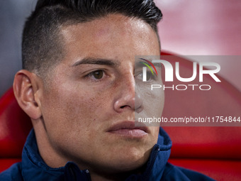 James Rodriguez of Rayo Vallecano sits on the bench during the La Liga EA Sports 2024/25 football match between Rayo Vallecano and UD Las Pa...