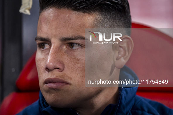 James Rodriguez of Rayo Vallecano sits on the bench during the La Liga EA Sports 2024/25 football match between Rayo Vallecano and UD Las Pa...