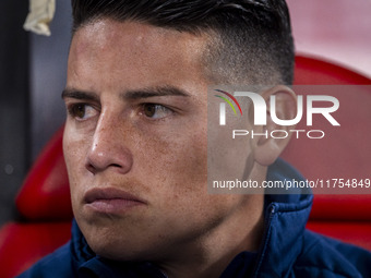 James Rodriguez of Rayo Vallecano sits on the bench during the La Liga EA Sports 2024/25 football match between Rayo Vallecano and UD Las Pa...