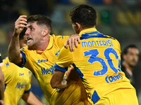 Gabriele Bracaglia of Frosinone Calcio celebrates after scoring the goal to make it 1-1 during the 13th day of the Serie BKT Championship be...