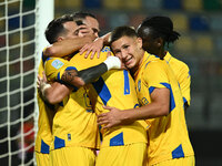 Gabriele Bracaglia of Frosinone Calcio celebrates after scoring the goal to make it 1-1 during the 13th day of the Serie BKT Championship be...